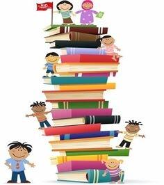 Stack of books with cartoon children standing on them